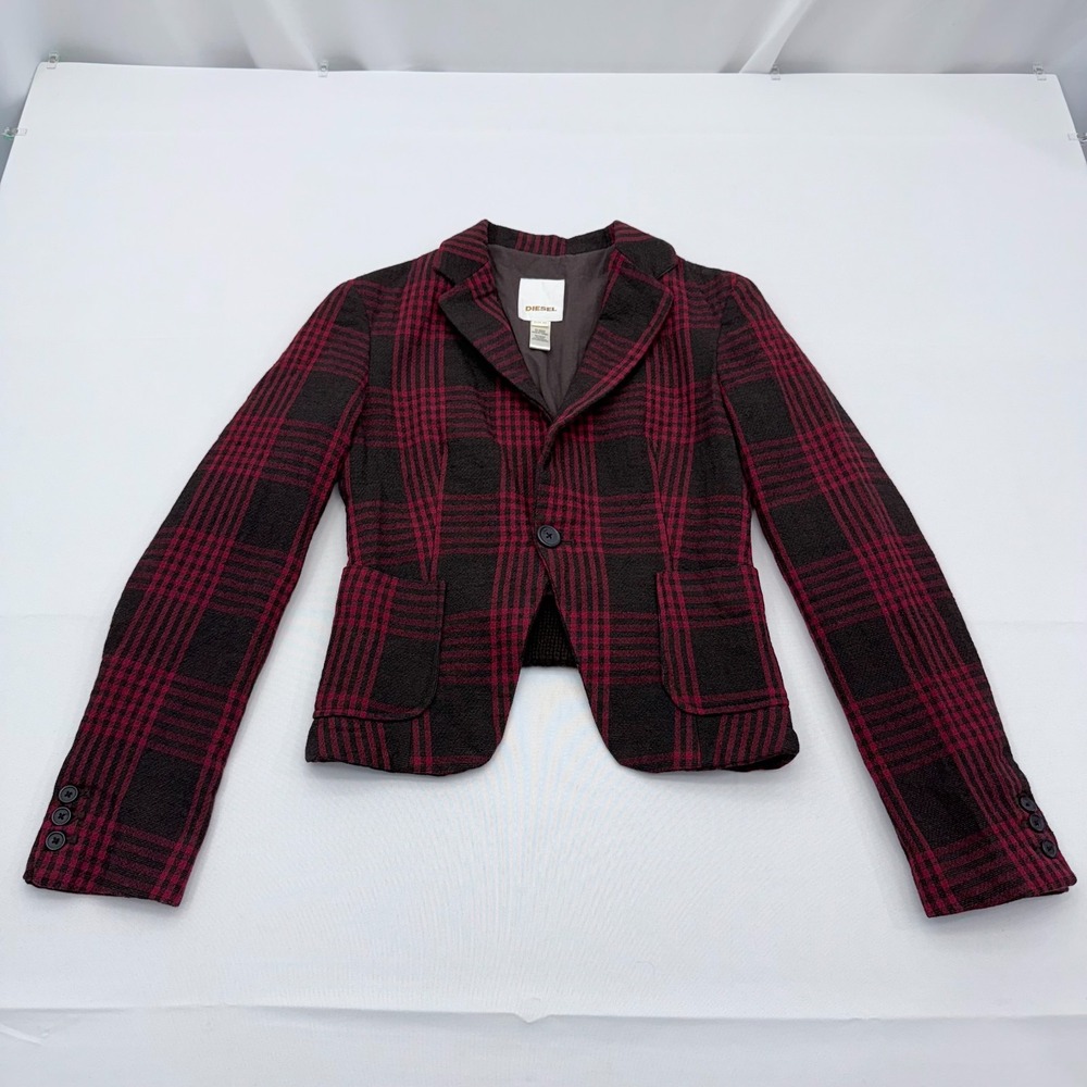Diesel Plaid Wool Blend Crop‎ Blazer Jacket Womens XS Long Sleeve Button Coat